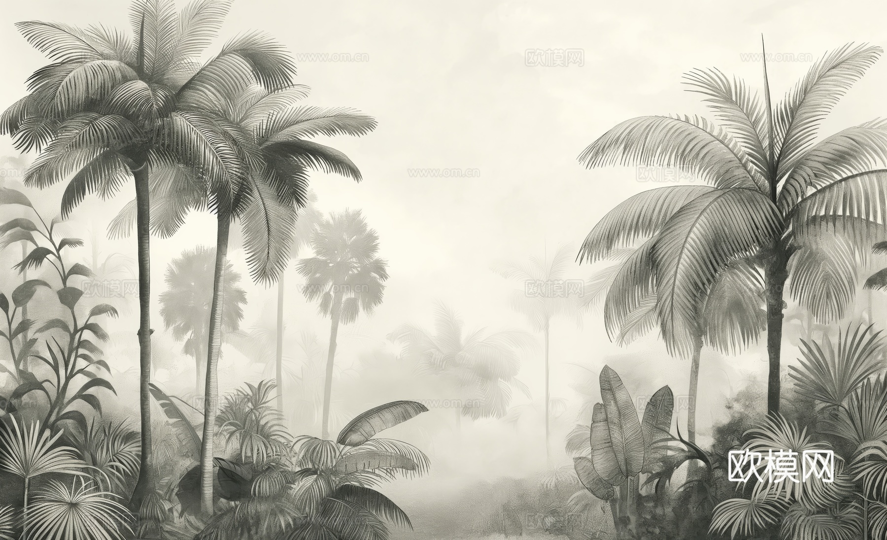 欧式田园热带雨林棕榈植物壁纸壁画下载（渲染图8）