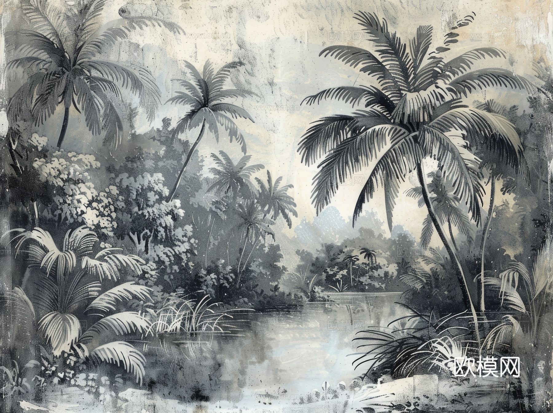 欧式田园热带雨林棕榈植物壁纸壁画