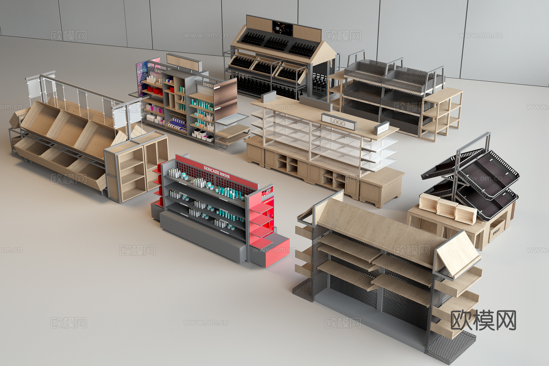 超市货架 果蔬货架 金属货架 实木货架 玻璃展柜 陈列柜3d模型