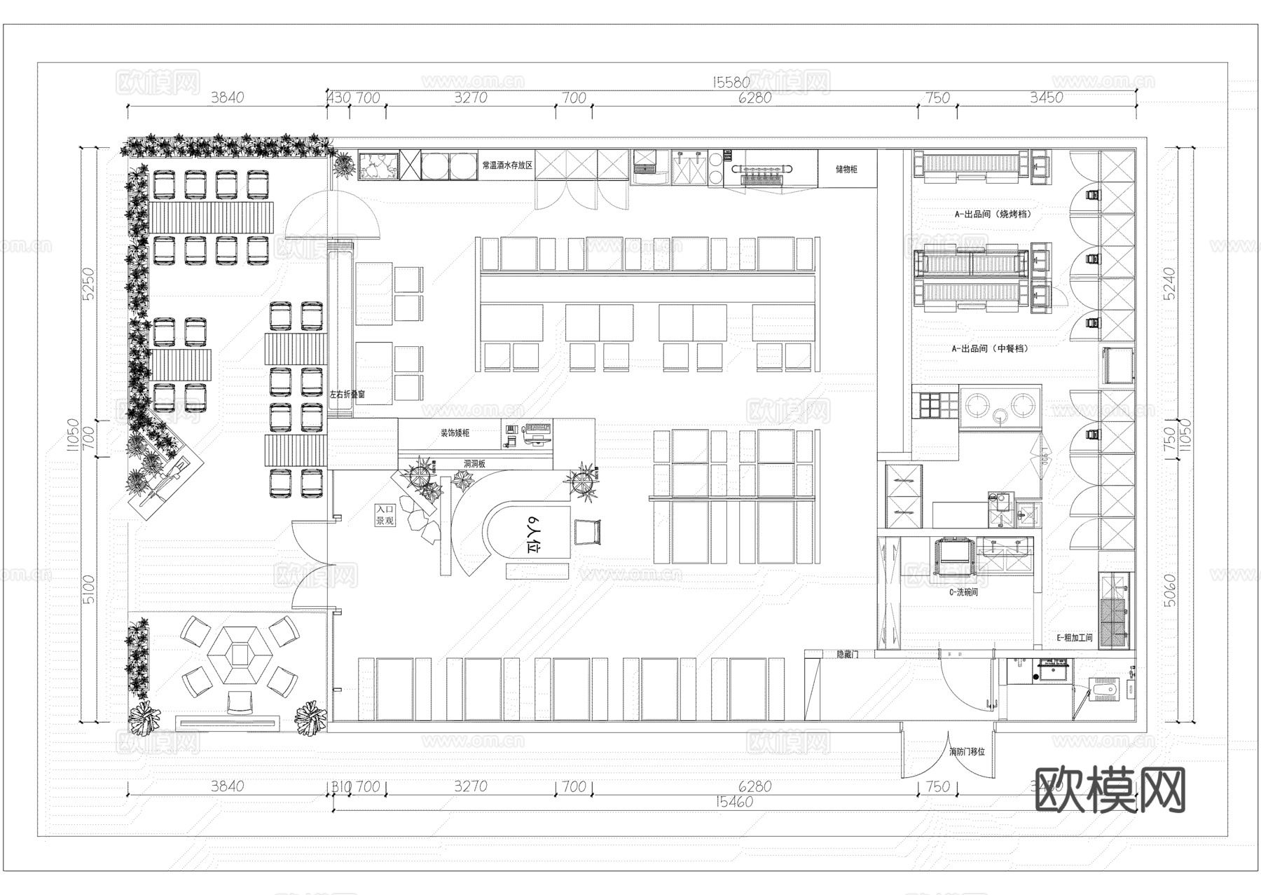 中式烧烤店平面布置图cad施工图