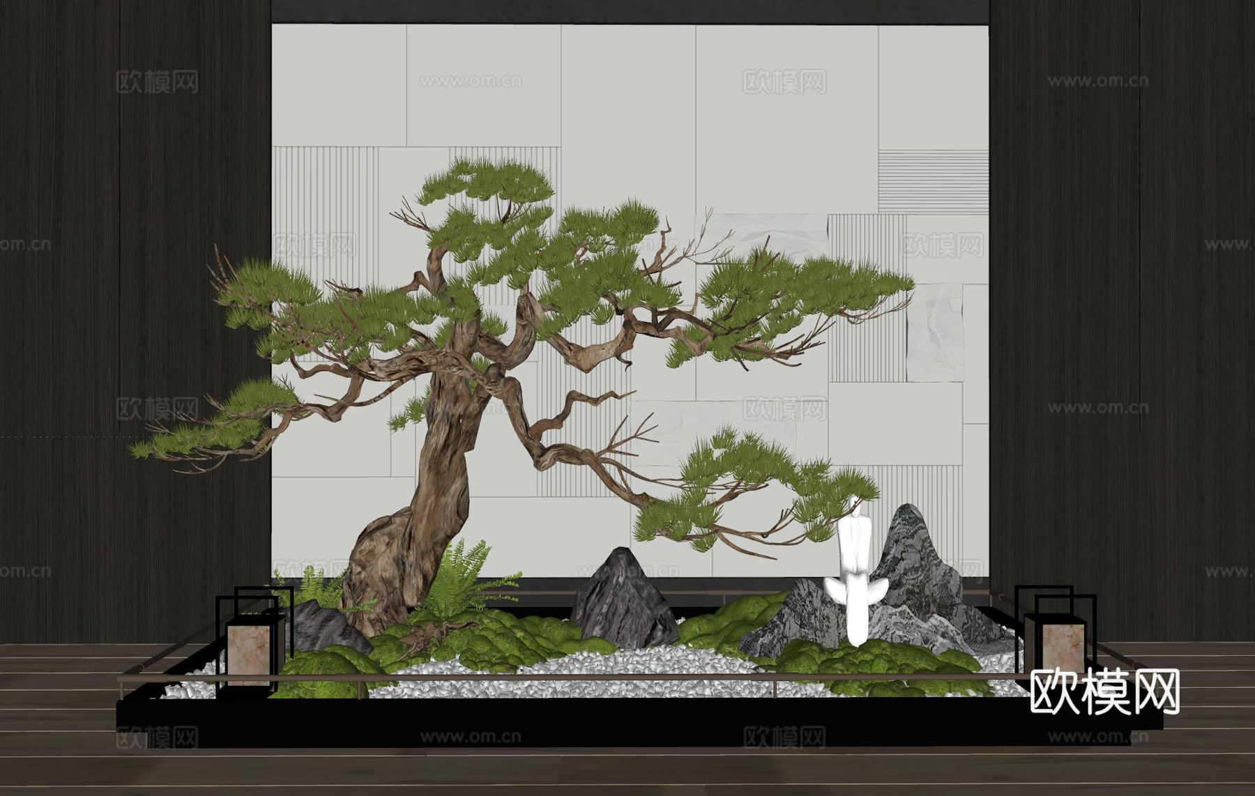 现代室内景观造景 苔藓景观 景观小品  迎客松 松树su模型