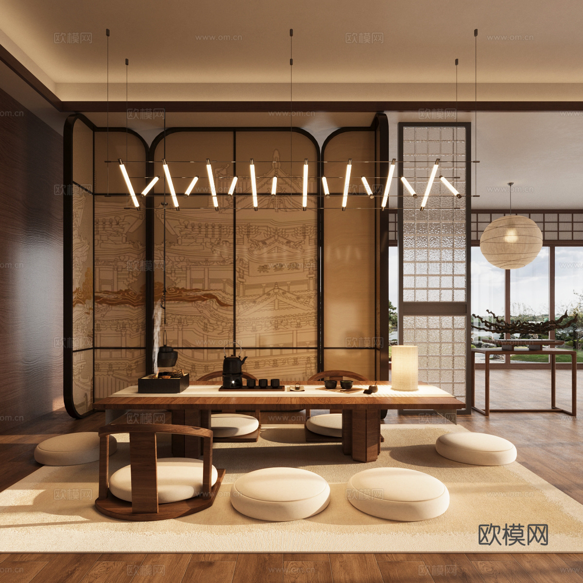 新中式茶室 榻榻米茶室 茶桌椅组合 中古屏风3d模型