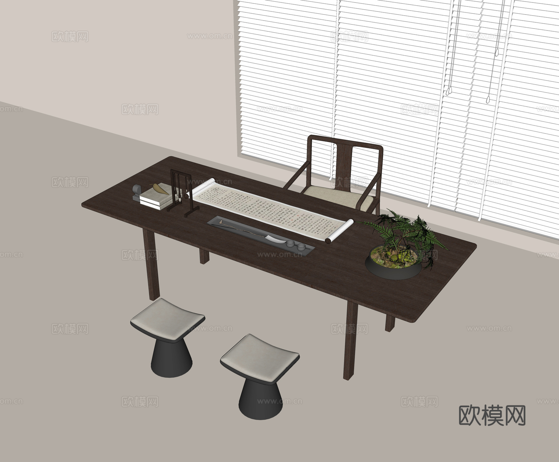 中式茶桌椅组合 实木茶桌 实木单椅 实木方凳 茶杯 字画笔架su模型