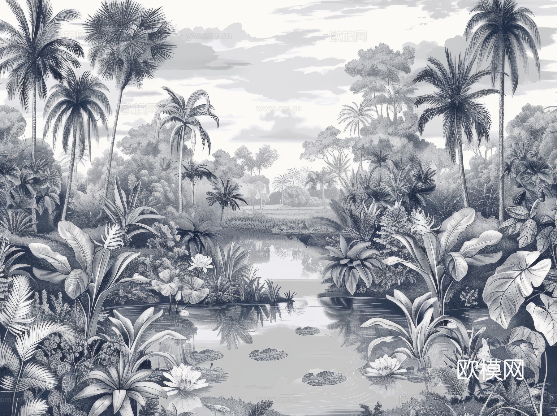 欧式田园热带雨林棕榈植物壁纸壁画下载（渲染图8）
