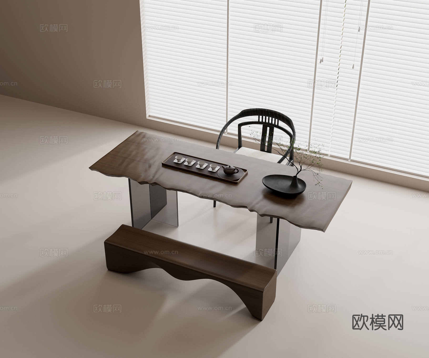 现代茶桌椅组合 实木茶桌 实木单椅 实木长椅 亚克力桌脚 茶3d模型