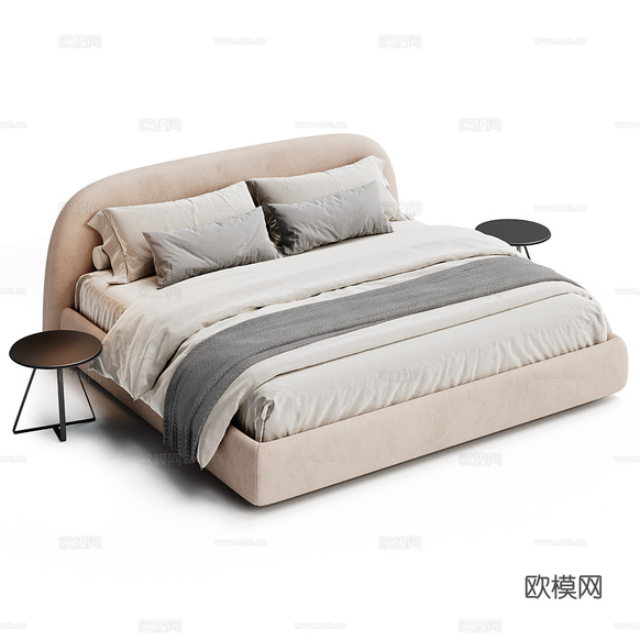 现代意式布艺双人床3d模型下载(渲染图3)