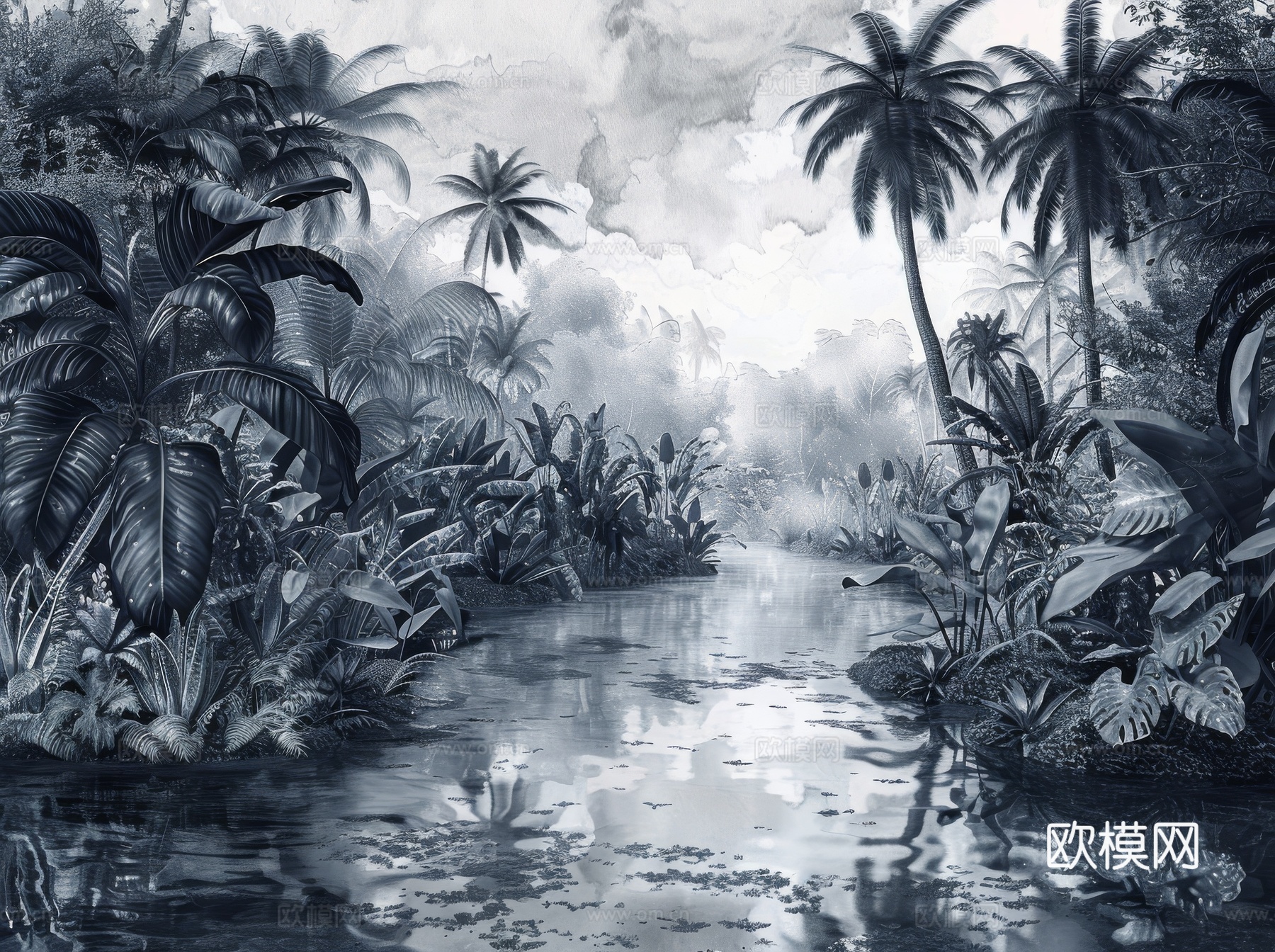 欧式田园热带雨林棕榈植物壁纸壁画