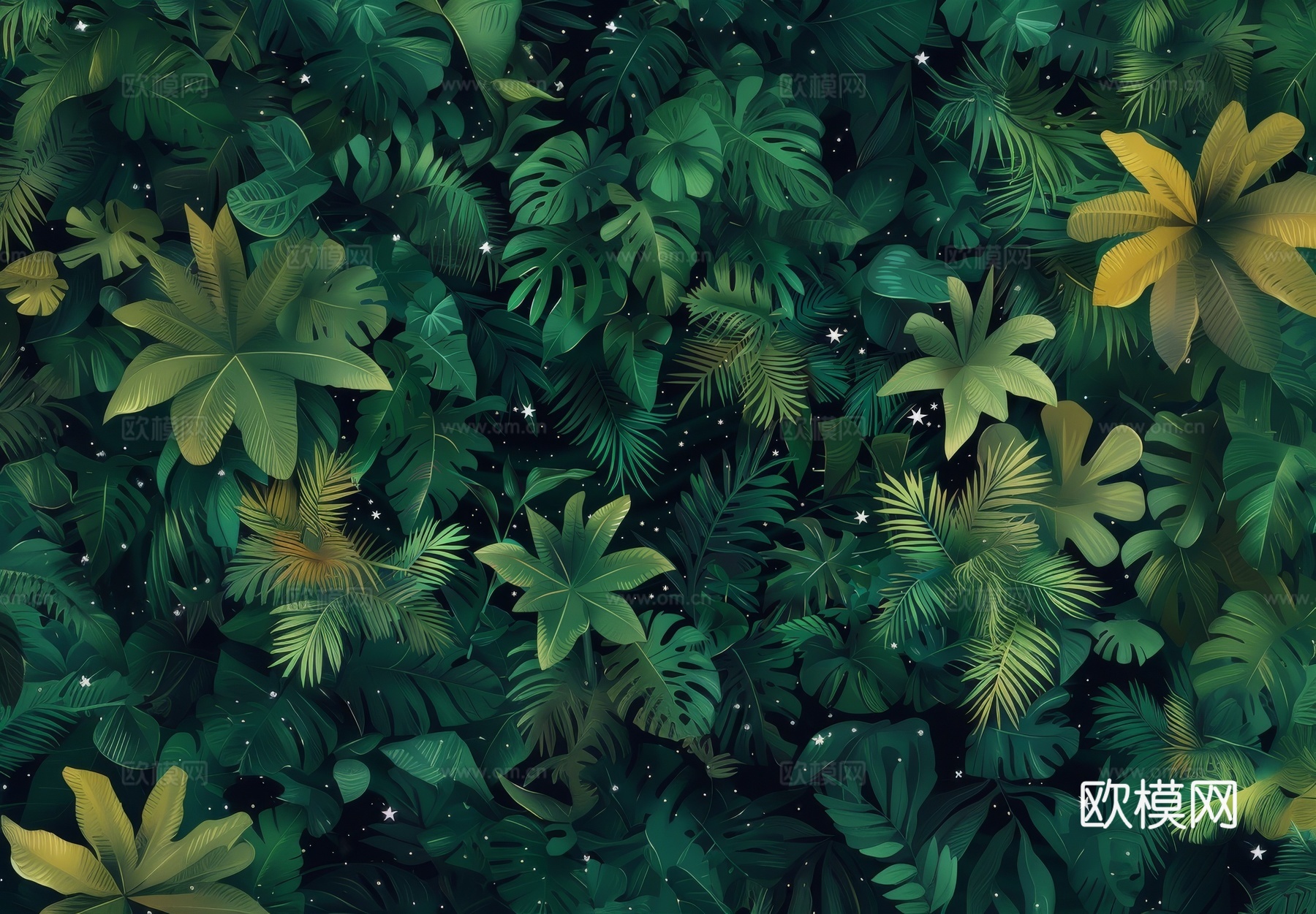 欧式田园热带雨林棕榈植物壁纸壁画下载（渲染图1）