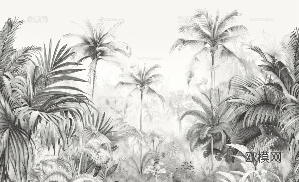 欧式田园热带雨林棕榈植物壁纸壁画下载(渲染图5)