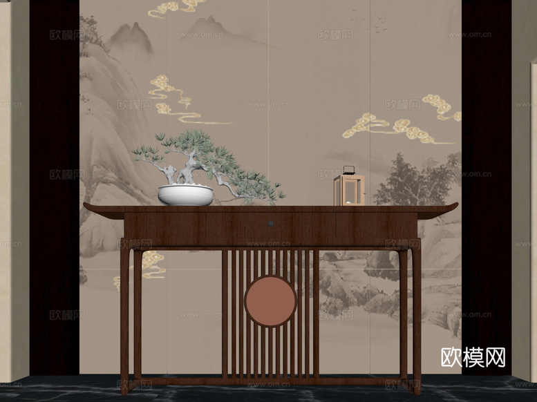 新中式玄关 端景柜 玄关柜 盆栽盆景 摆件su模型下载(渲染图2)