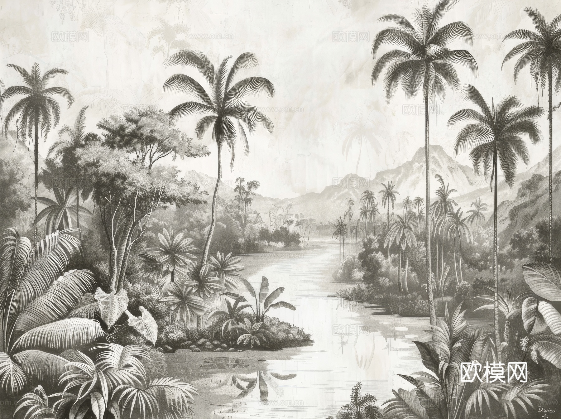 欧式田园热带雨林棕榈植物壁纸壁画下载（渲染图1）