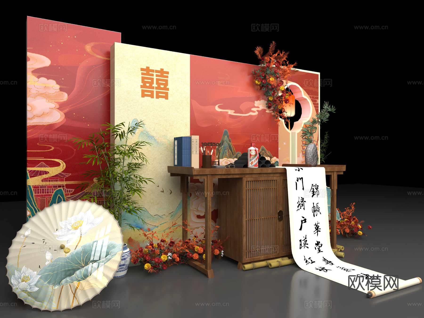 dp互动合影美陈 卷轴条案打卡点 油纸伞书法山水舞台 婚礼新3d模型