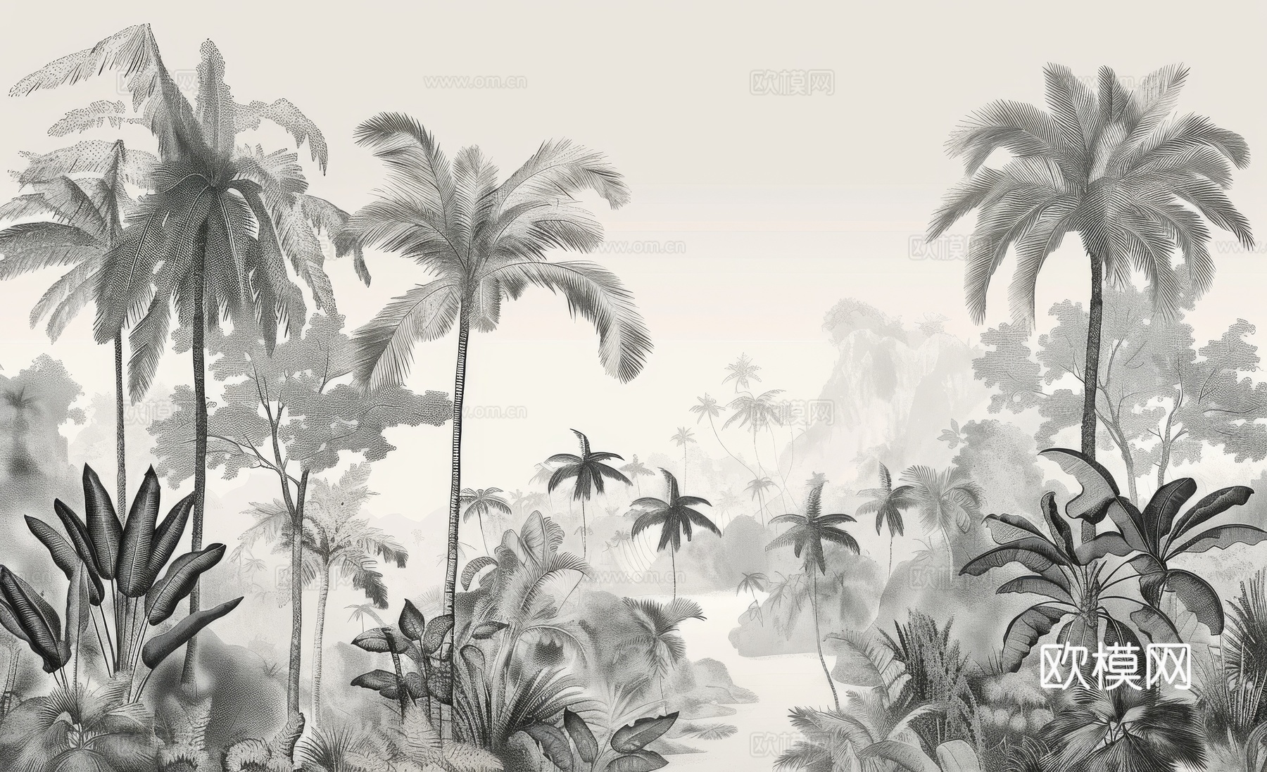 欧式田园热带雨林棕榈植物壁纸壁画下载（渲染图4）