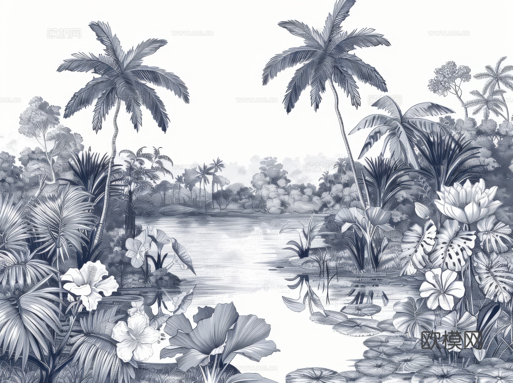 欧式田园热带雨林棕榈植物壁纸壁画下载（渲染图5）