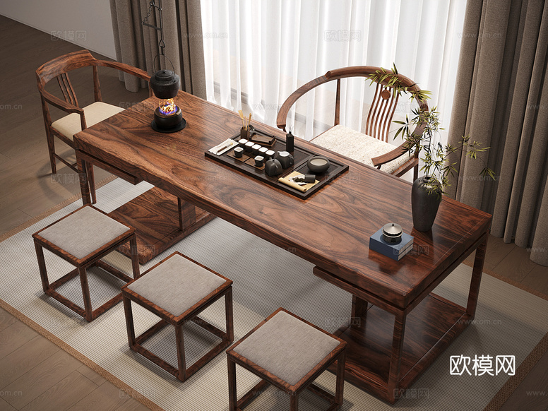新中式茶桌 太师椅 茶具 茶桌椅3d模型下载