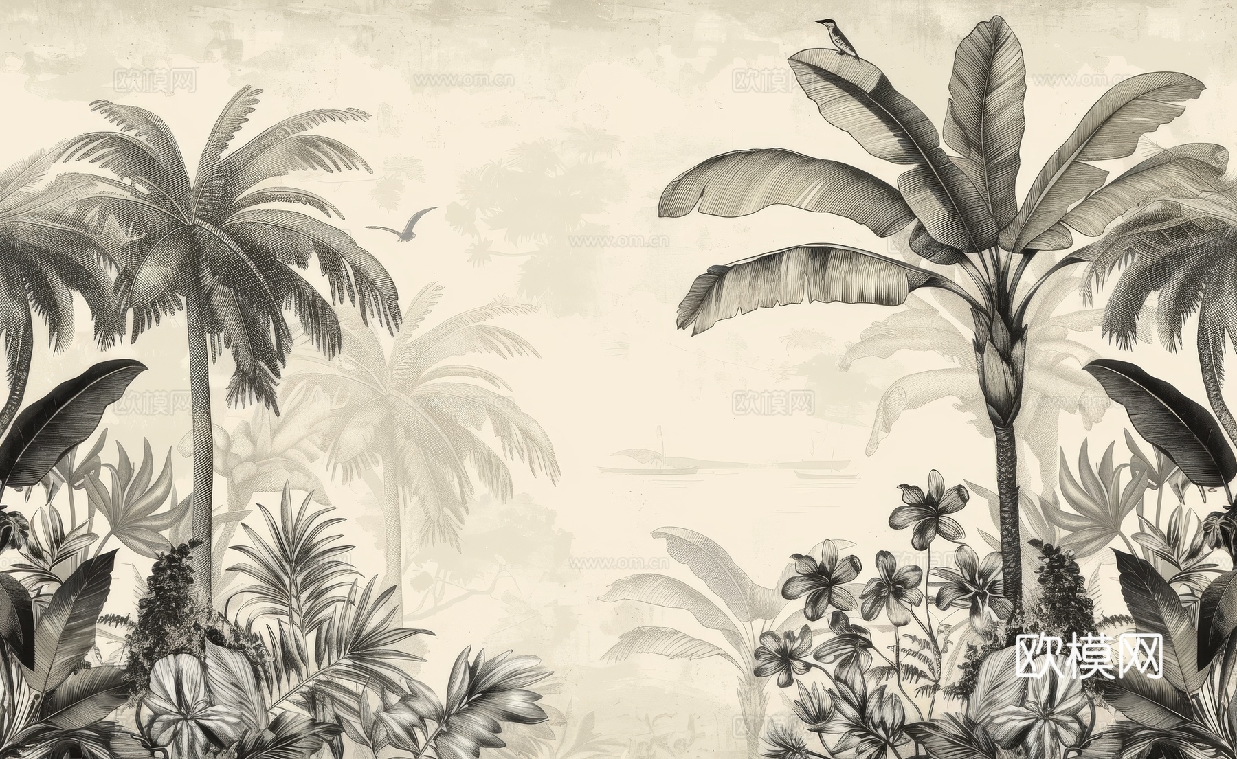 欧式田园热带雨林棕榈植物壁纸壁画