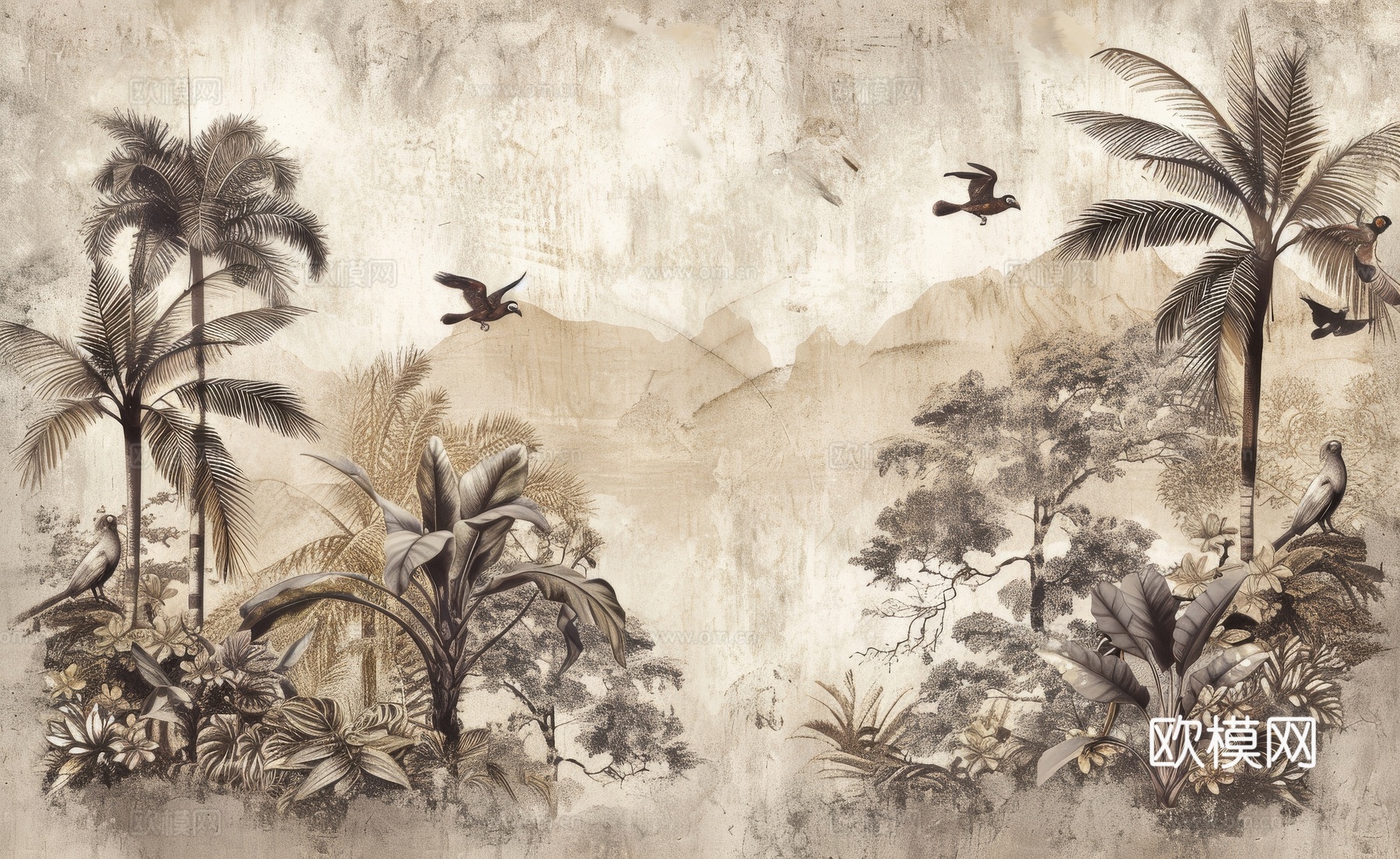 欧式田园热带雨林棕榈植物壁纸壁画
