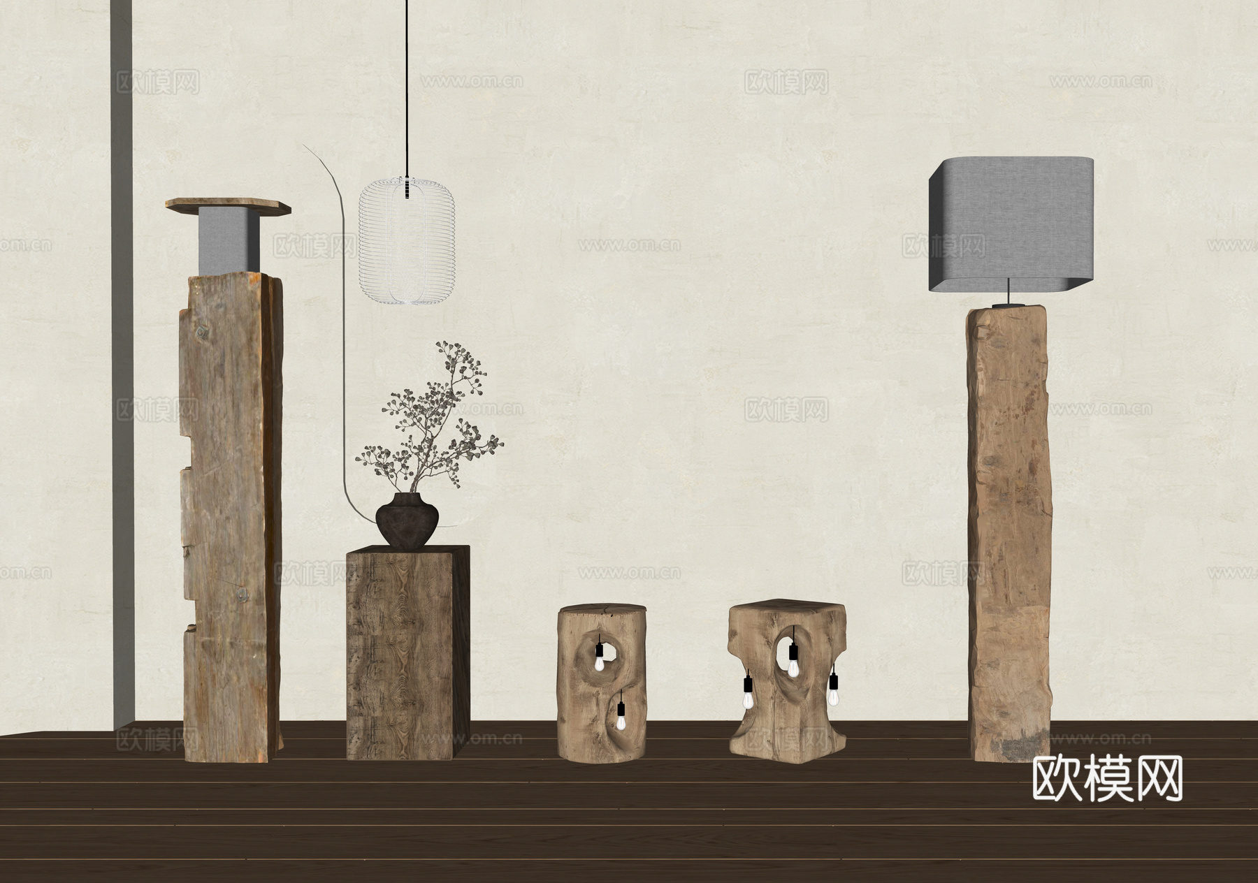 中古落地灯 现代原木灯具 原木落地灯 壁灯 小吊灯su模型下载（渲染图2）