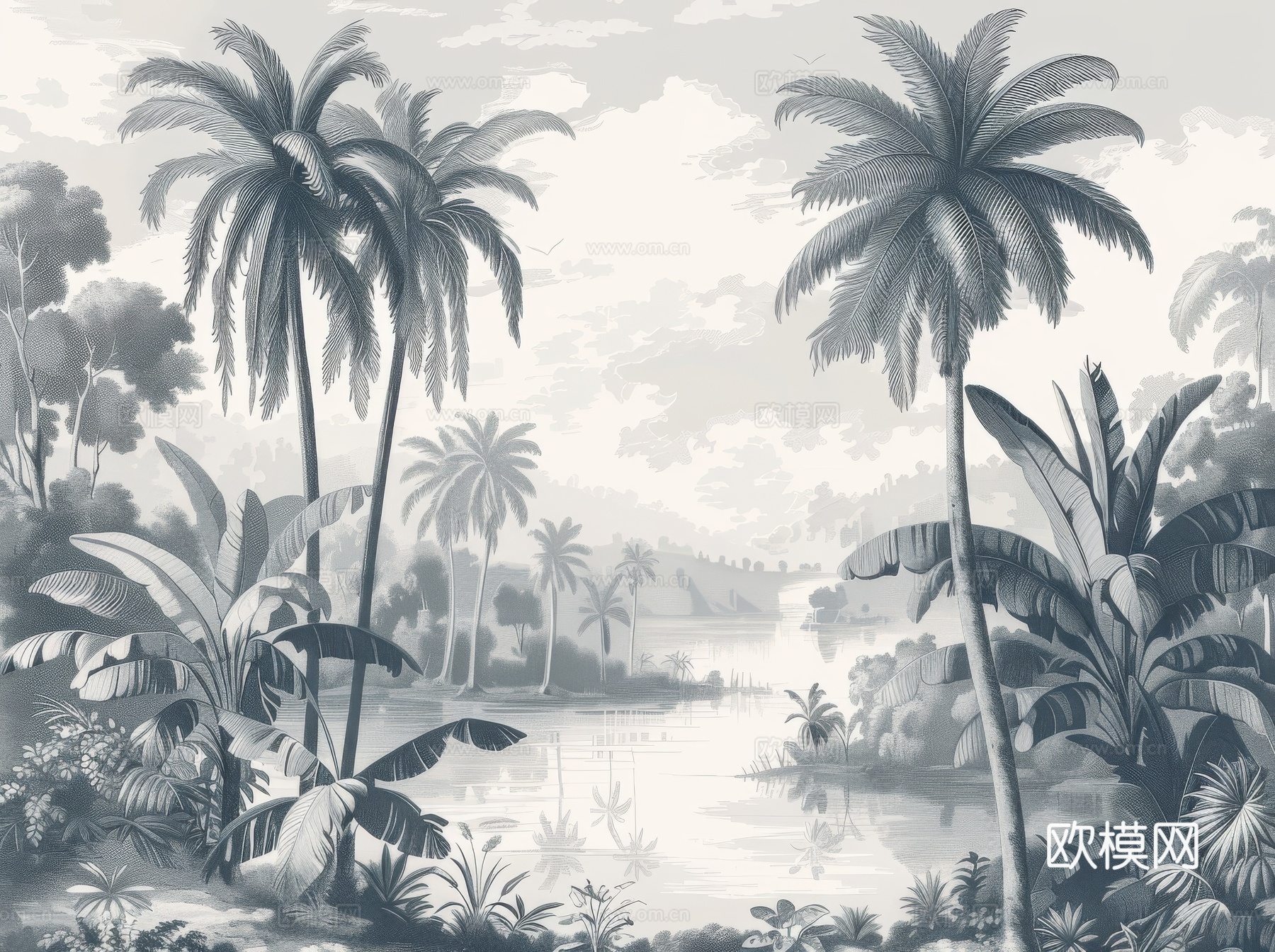 欧式田园热带雨林棕榈植物壁纸壁画下载（渲染图4）