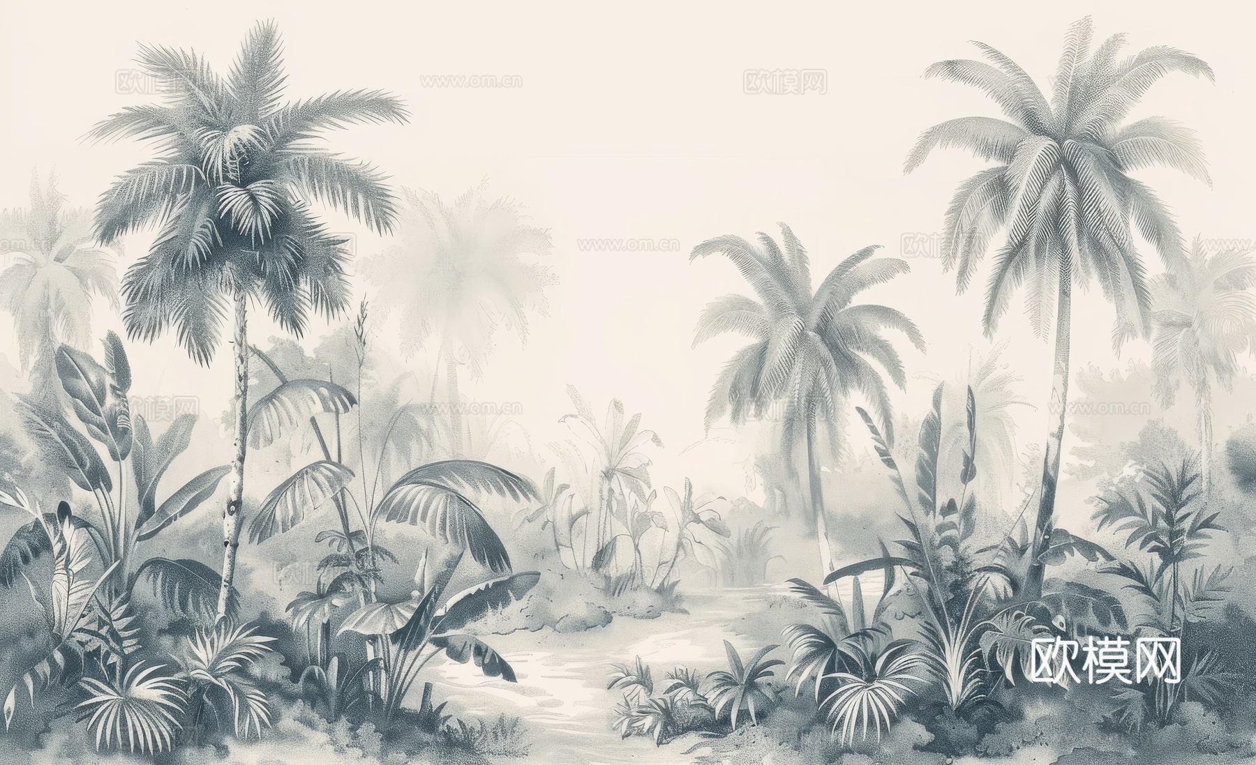 欧式田园热带雨林棕榈植物壁纸壁画下载（渲染图7）