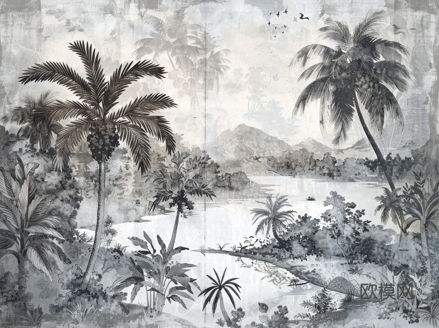 欧式田园热带雨林棕榈植物壁纸壁画