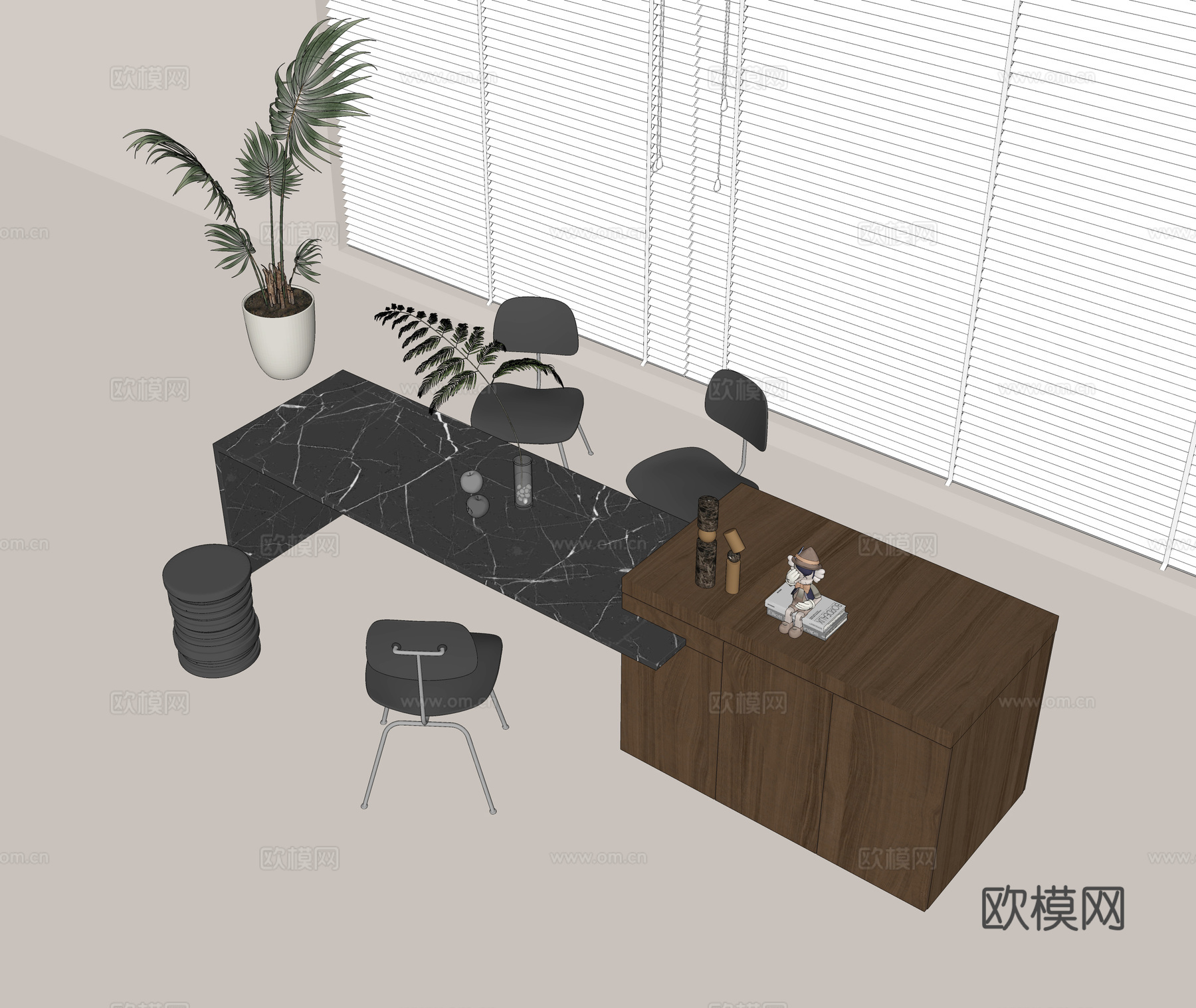 吧台餐桌一体 中岛吧台 中岛餐桌 休闲餐椅 饰品摆件 花盆绿su模型
