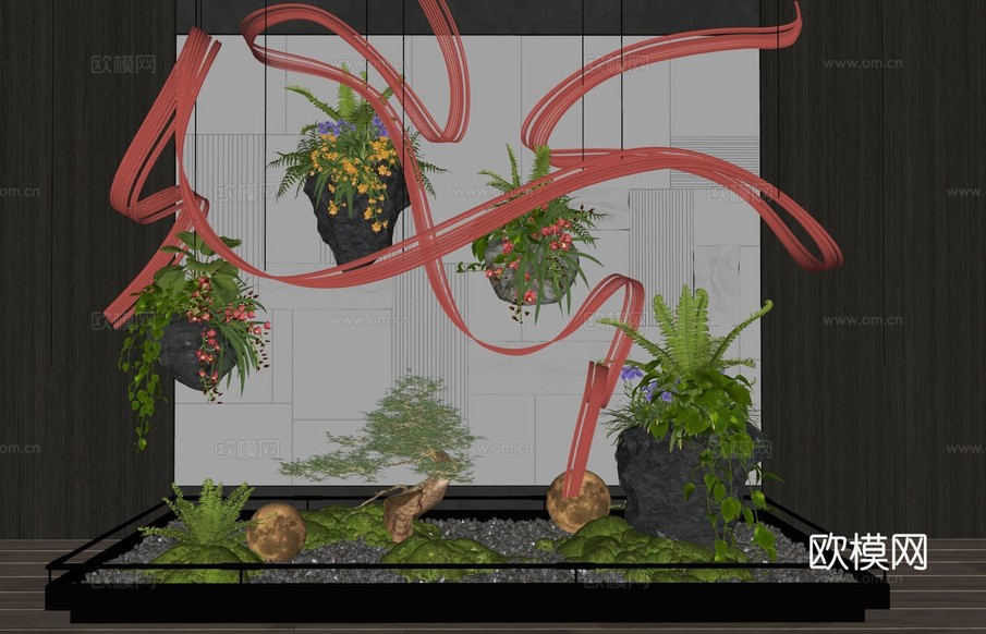 现代室内景观造景 苔藓景观 景观小品 藤编装置 植物装置su模型下载(渲染图2)