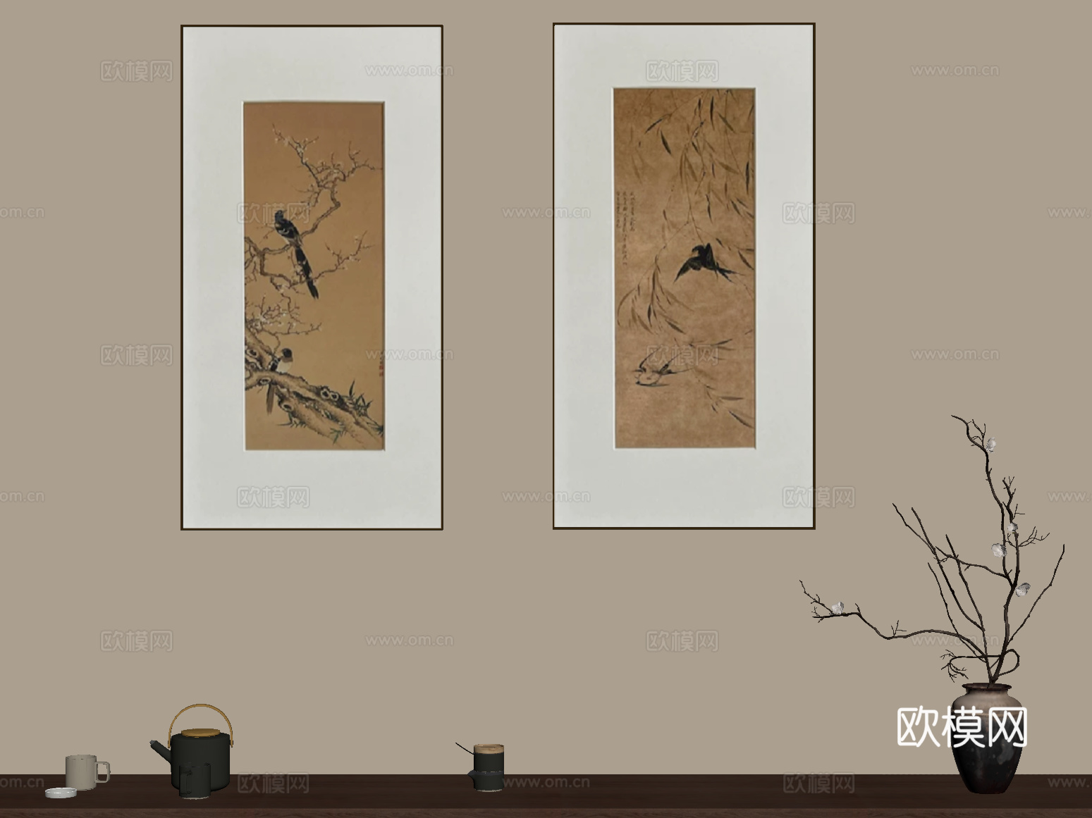 新中式挂画 装饰画 花瓶摆件su模型