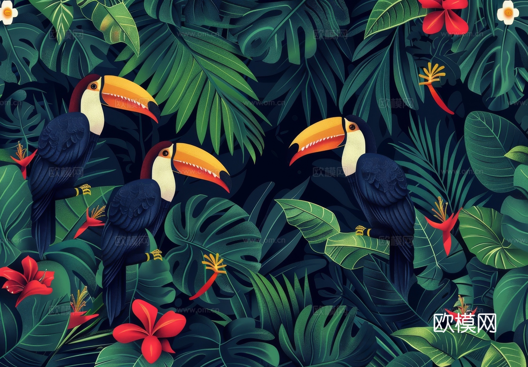 欧式田园热带雨林棕榈植物壁纸壁画下载（渲染图8）