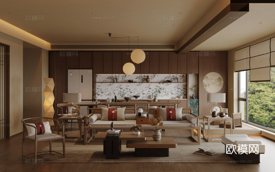 新中式中古客餐厅 宋式客餐厅 中式客餐厅 中式沙发茶几组合3d模型下载
