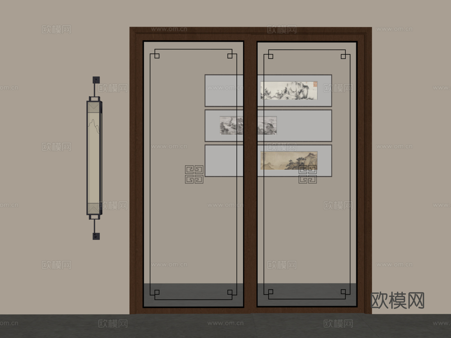 新中式推拉门 壁灯 挂画su模型