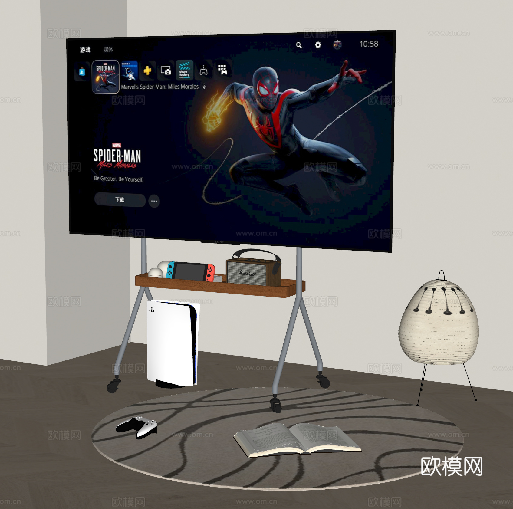 现代中古风支架电视 sony电视 移动电视 游戏机 PS5su模型