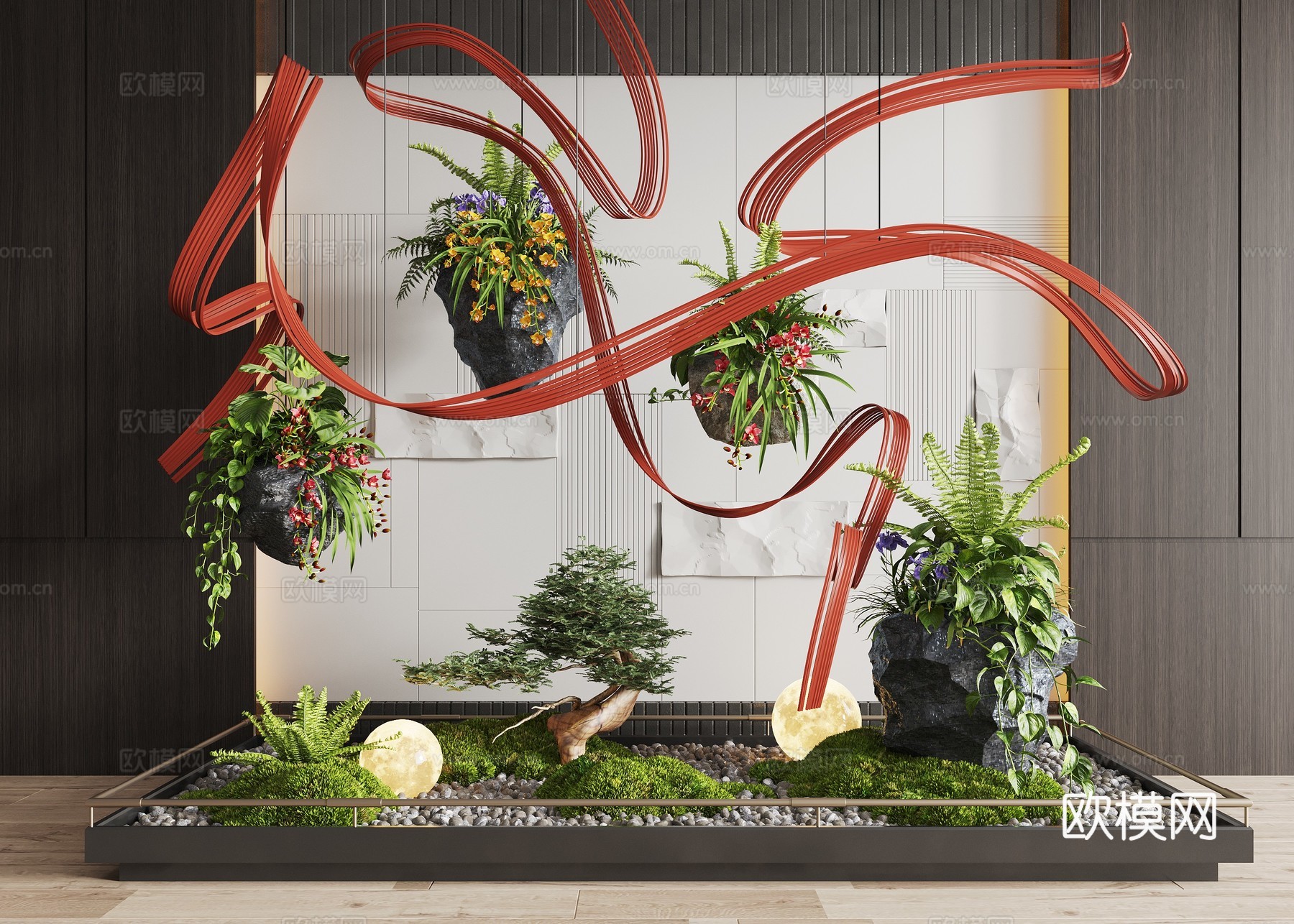 现代室内景观造景 苔藓景观 景观小品 藤编装置 植物装置3d模型