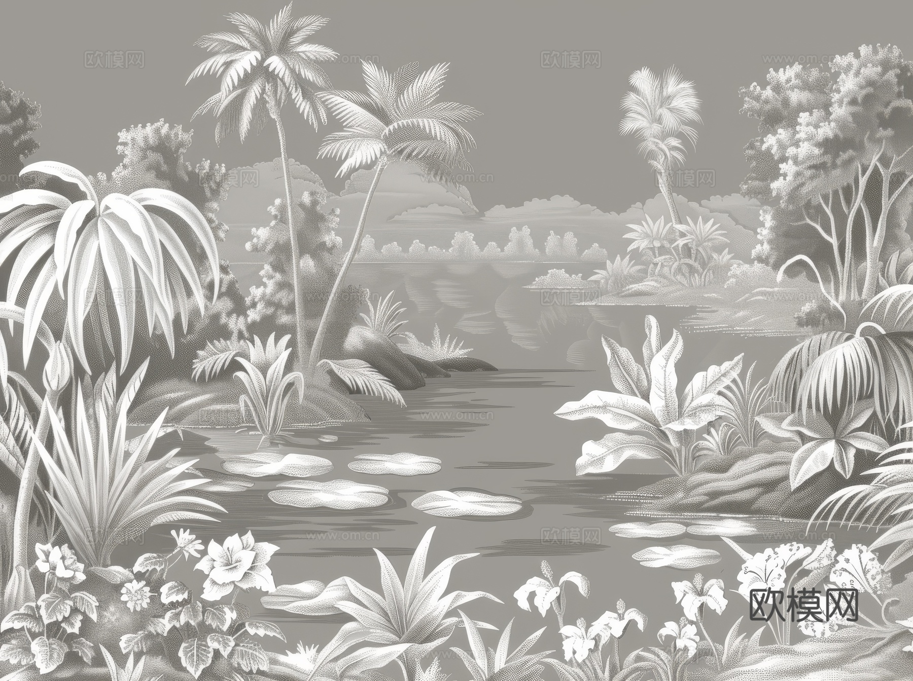 欧式田园热带雨林棕榈植物壁纸壁画下载（渲染图2）
