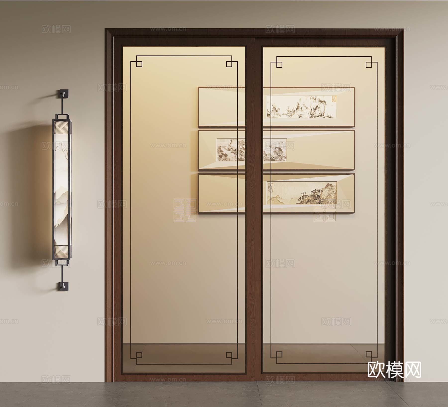 新中式推拉门 壁灯 挂画3d模型
