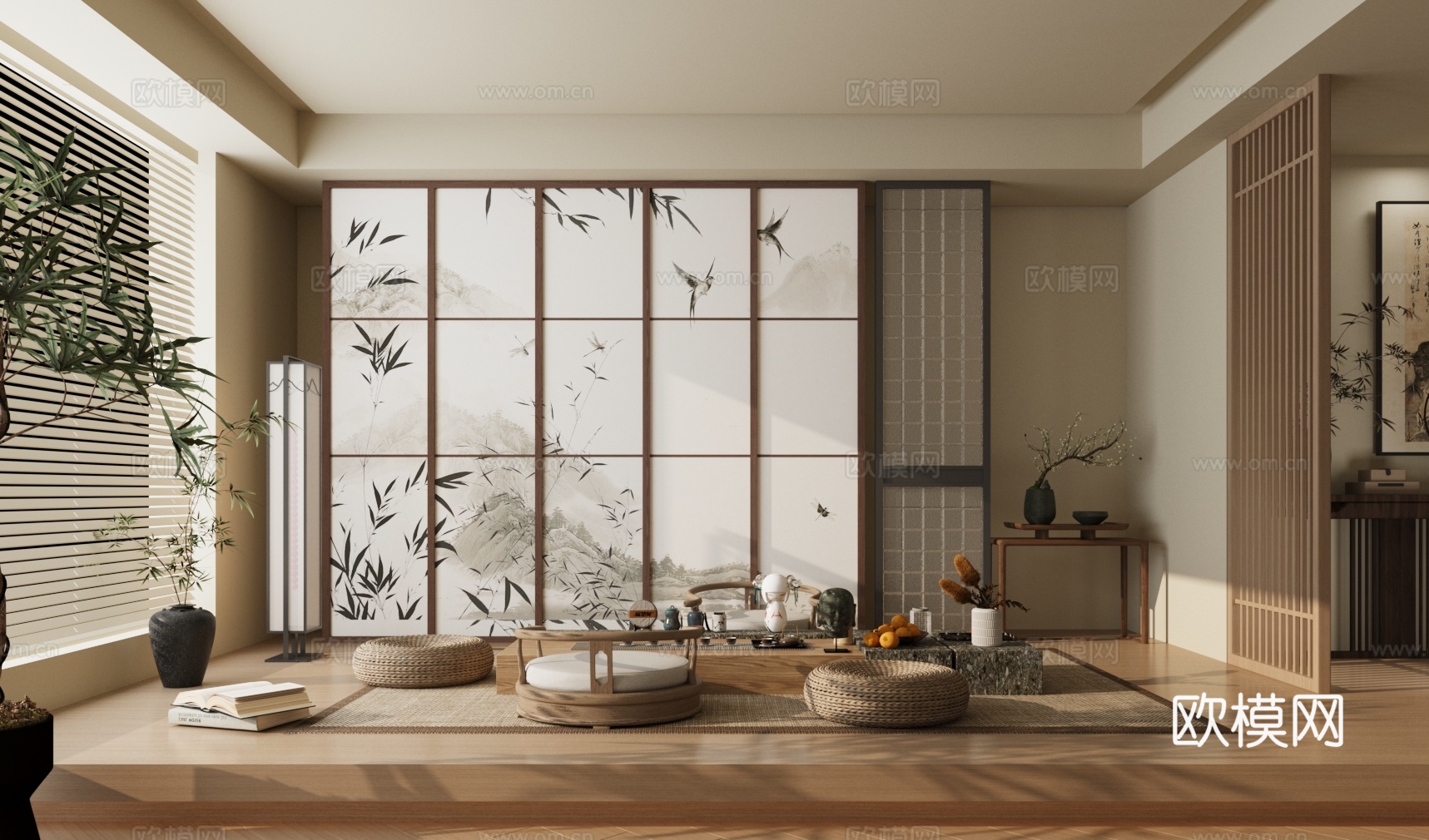 新中式榻榻米茶室 茶室 茶桌椅组合 中式屏风3d模型