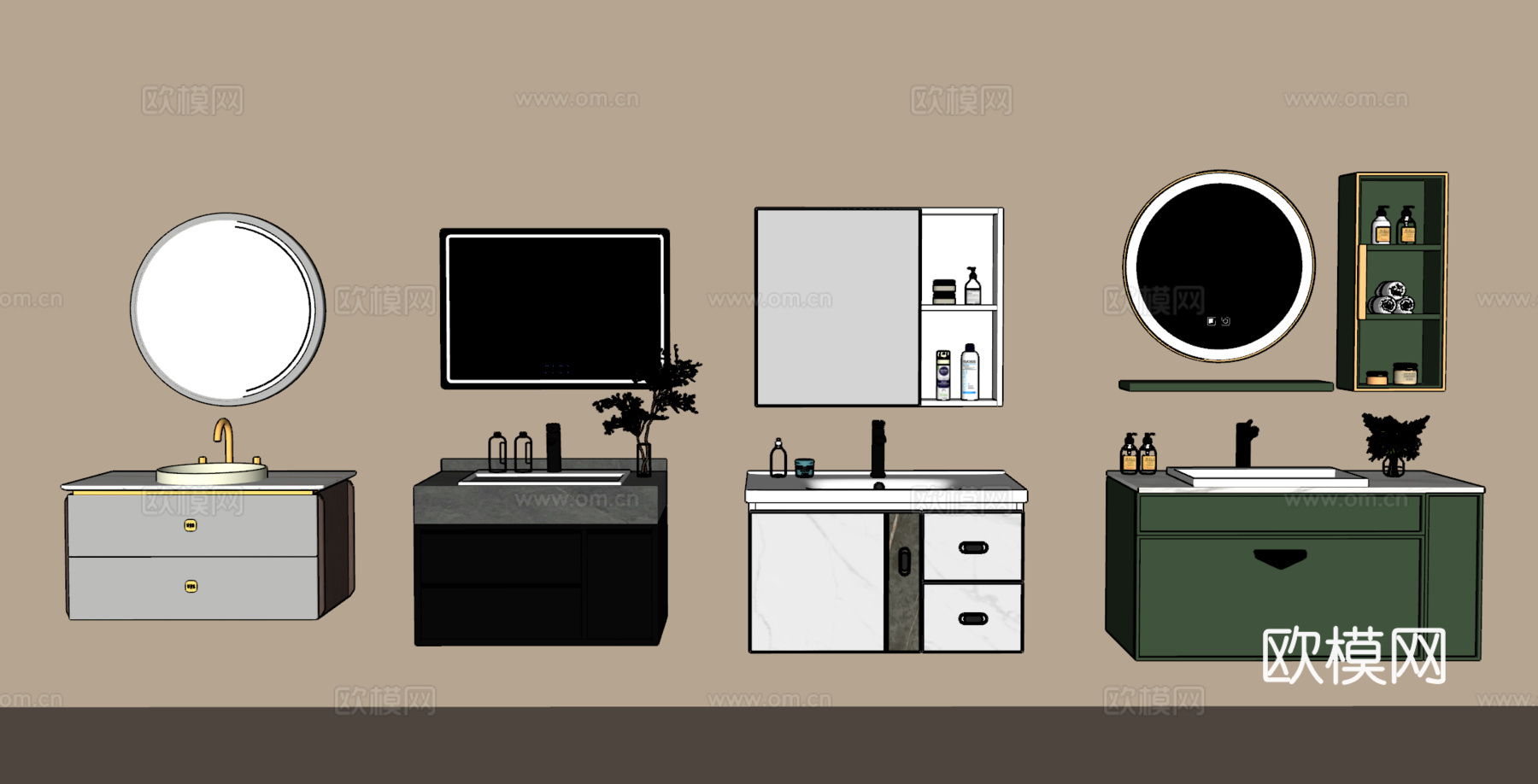 浴室柜组合 卫浴用品摆件 洗手盆 绿植 水龙头 镜柜su模型