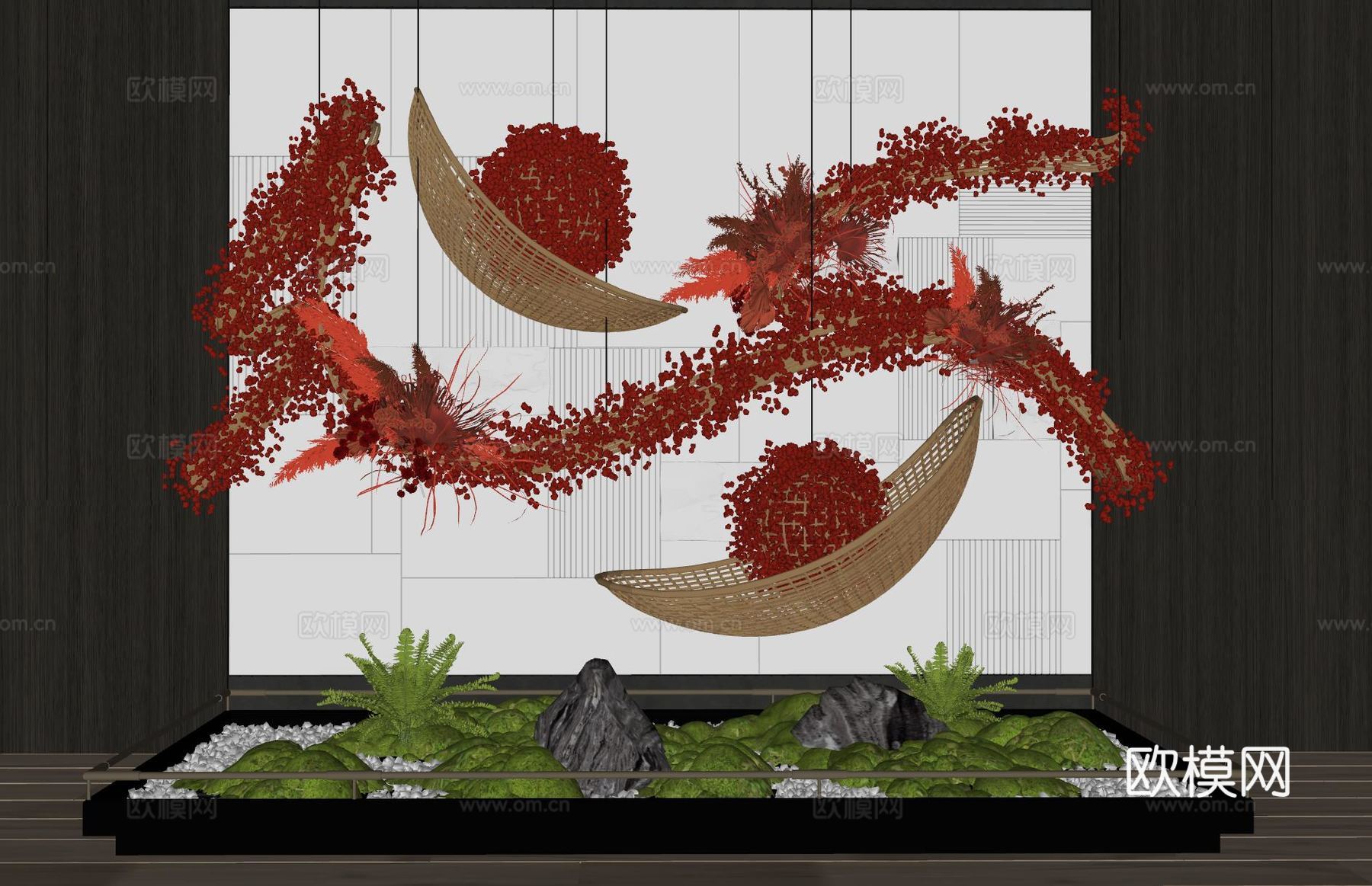 现代室内景观造景 苔藓景观 景观小品 藤编装置 植物装置su模型
