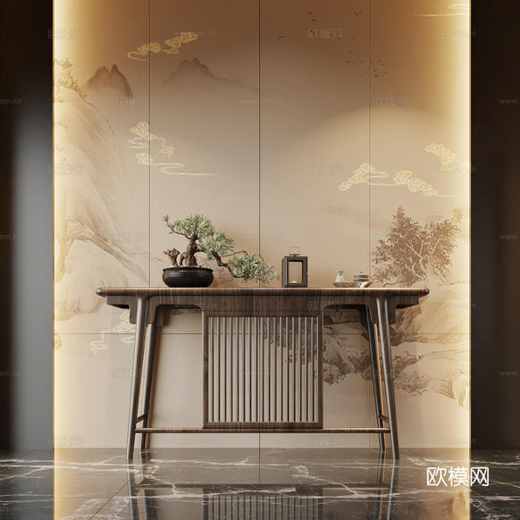 新中式玄关 端景台 装饰摆件3d模型下载