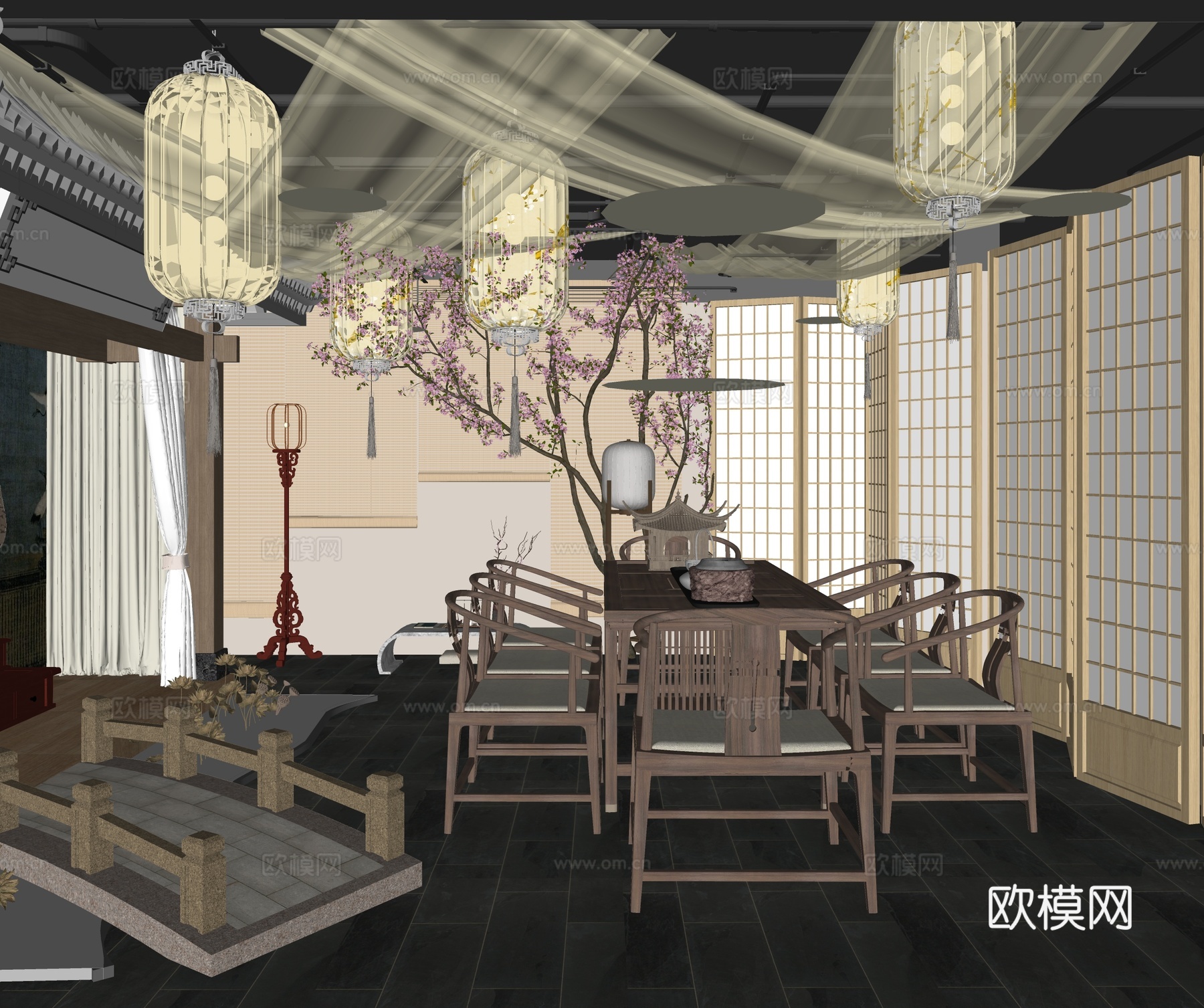 新中式中餐厅 餐桌椅组合 吊灯su模型