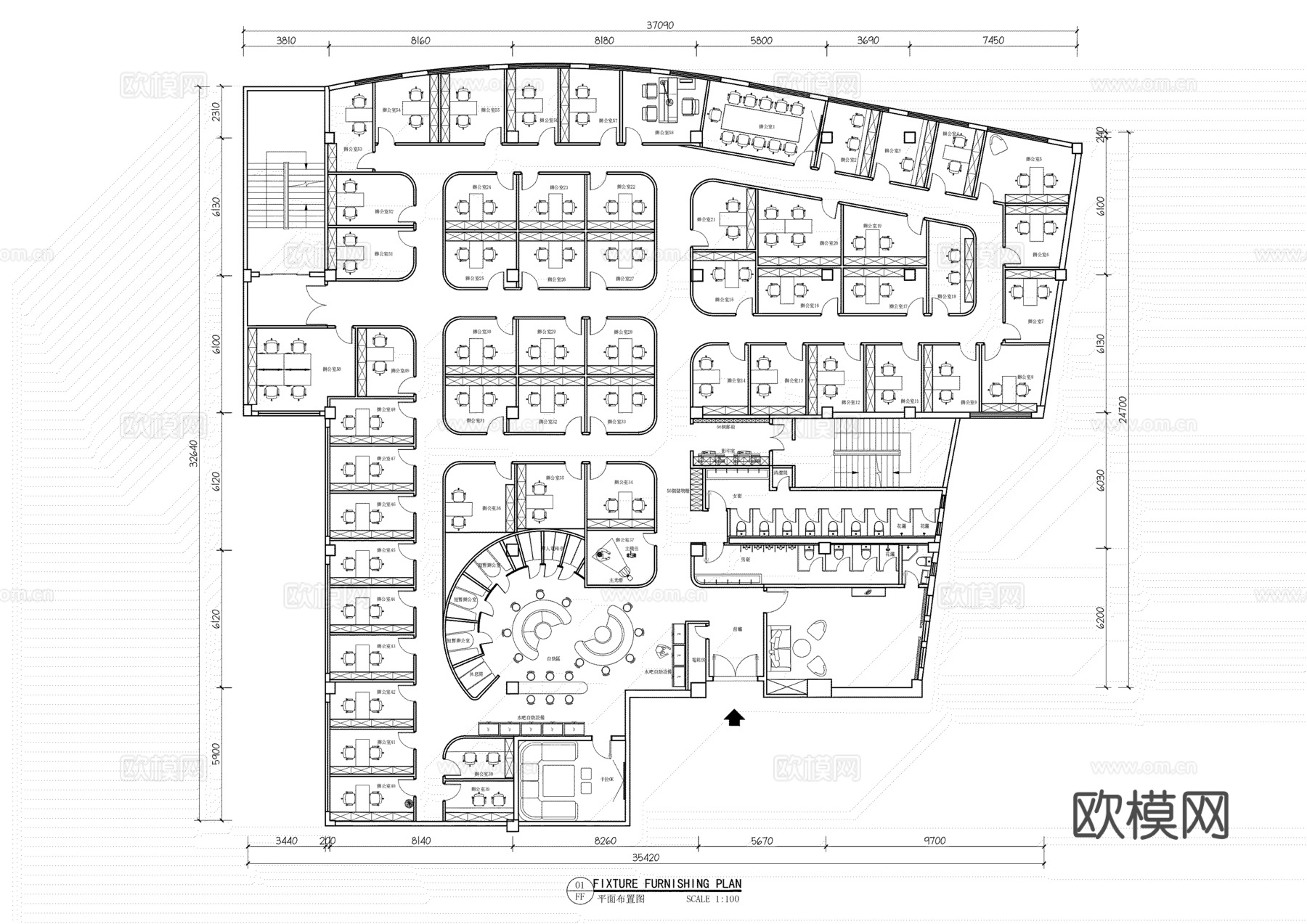 800平米共享办公室平面布置图cad施工图