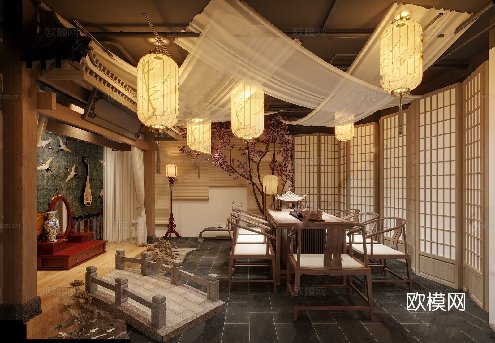 新中式中餐厅 餐桌椅组合 吊灯su模型