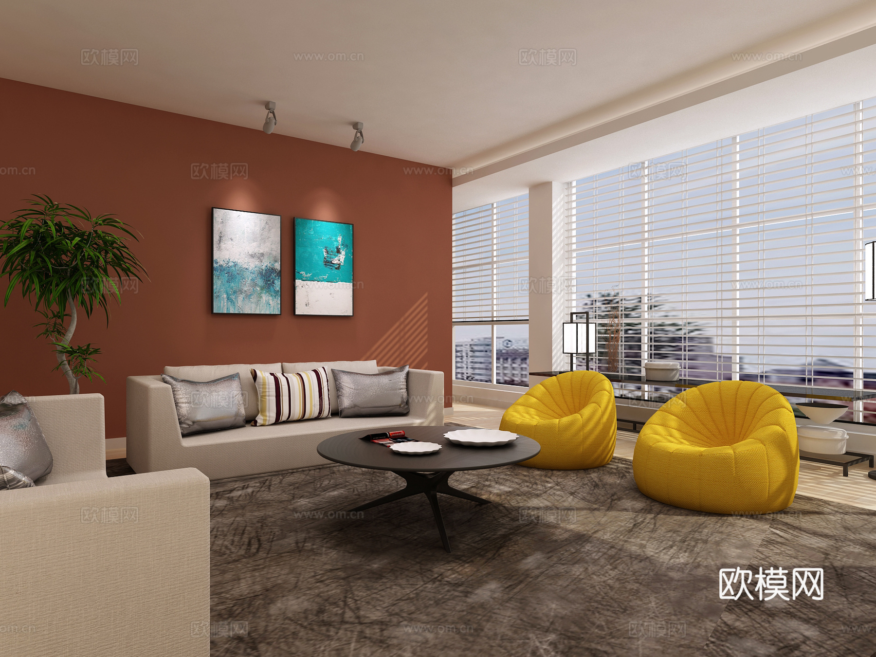 现代会客区 沙发 地毯 挂画 茶几3d模型