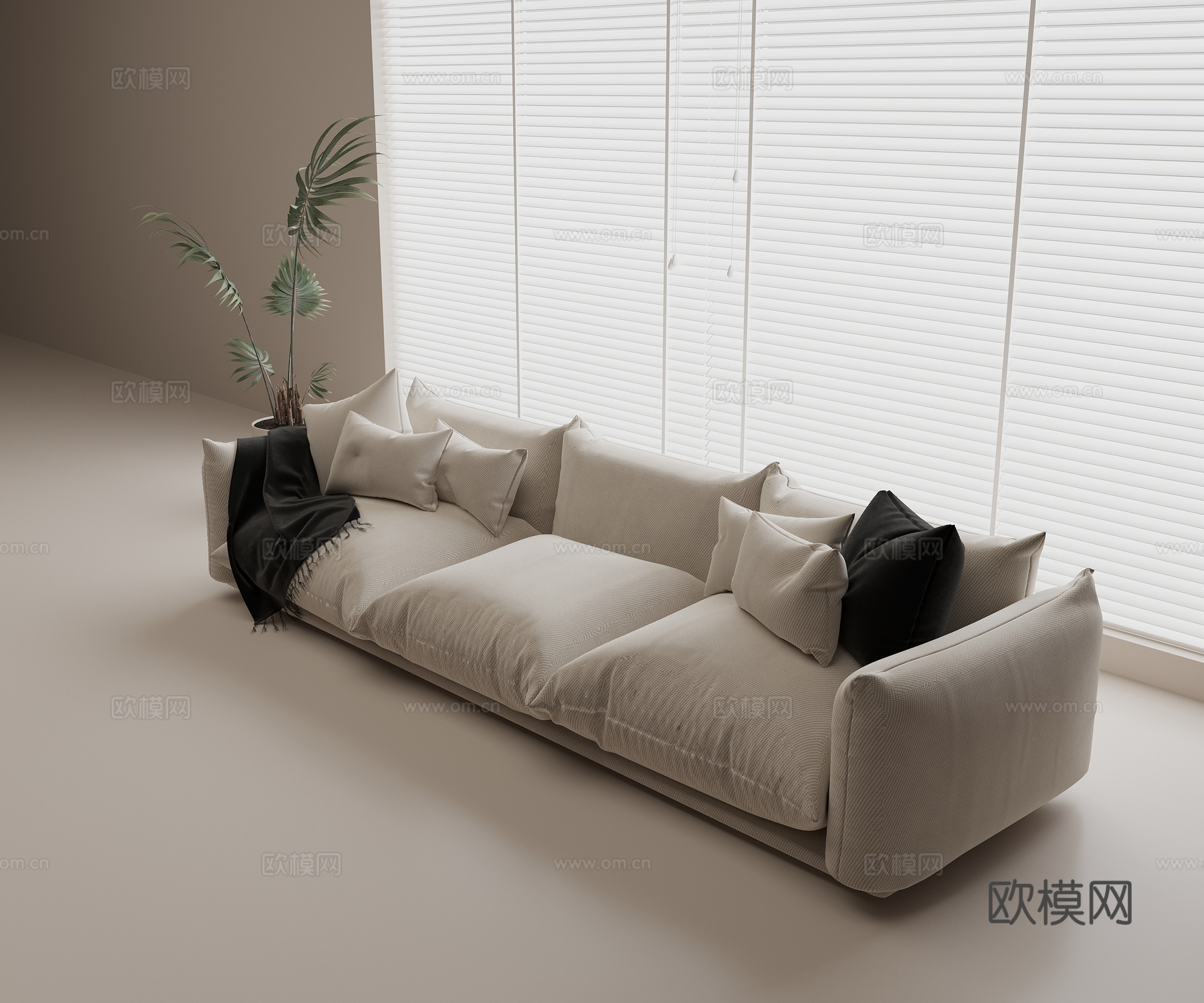 三人沙发组合 布艺沙发组合 奶油风沙发组合 抱枕 薄被 花盆3d模型