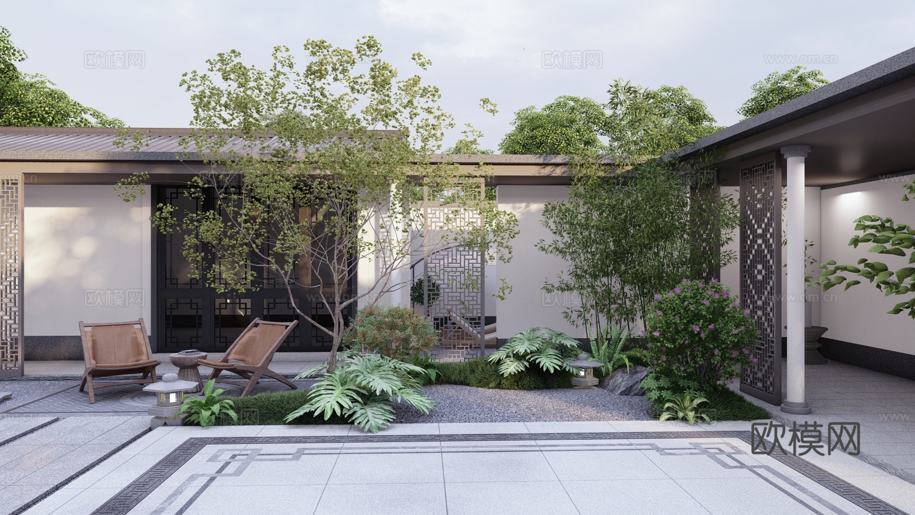 新中式花园，中式花园，苏式花园，圆形泳池，廊架su模型