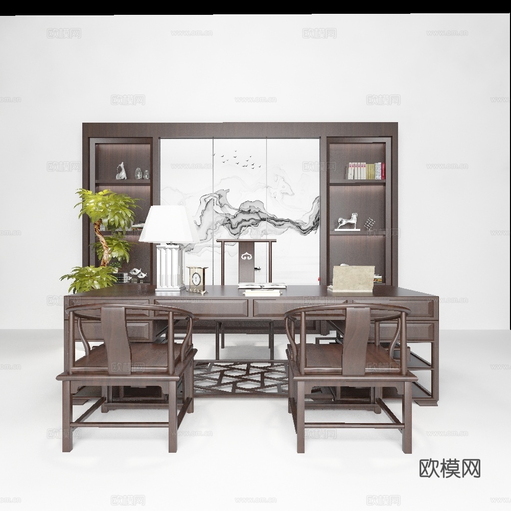 新中式办公桌3d模型