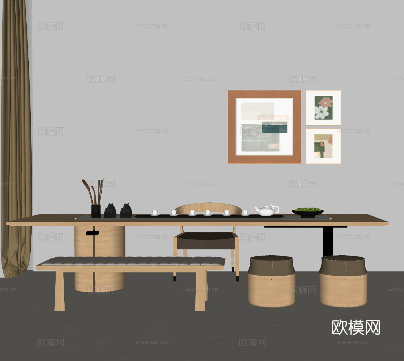 现代原木茶桌椅 茶桌椅 实木长桌 侘寂茶桌 现代茶室su模型