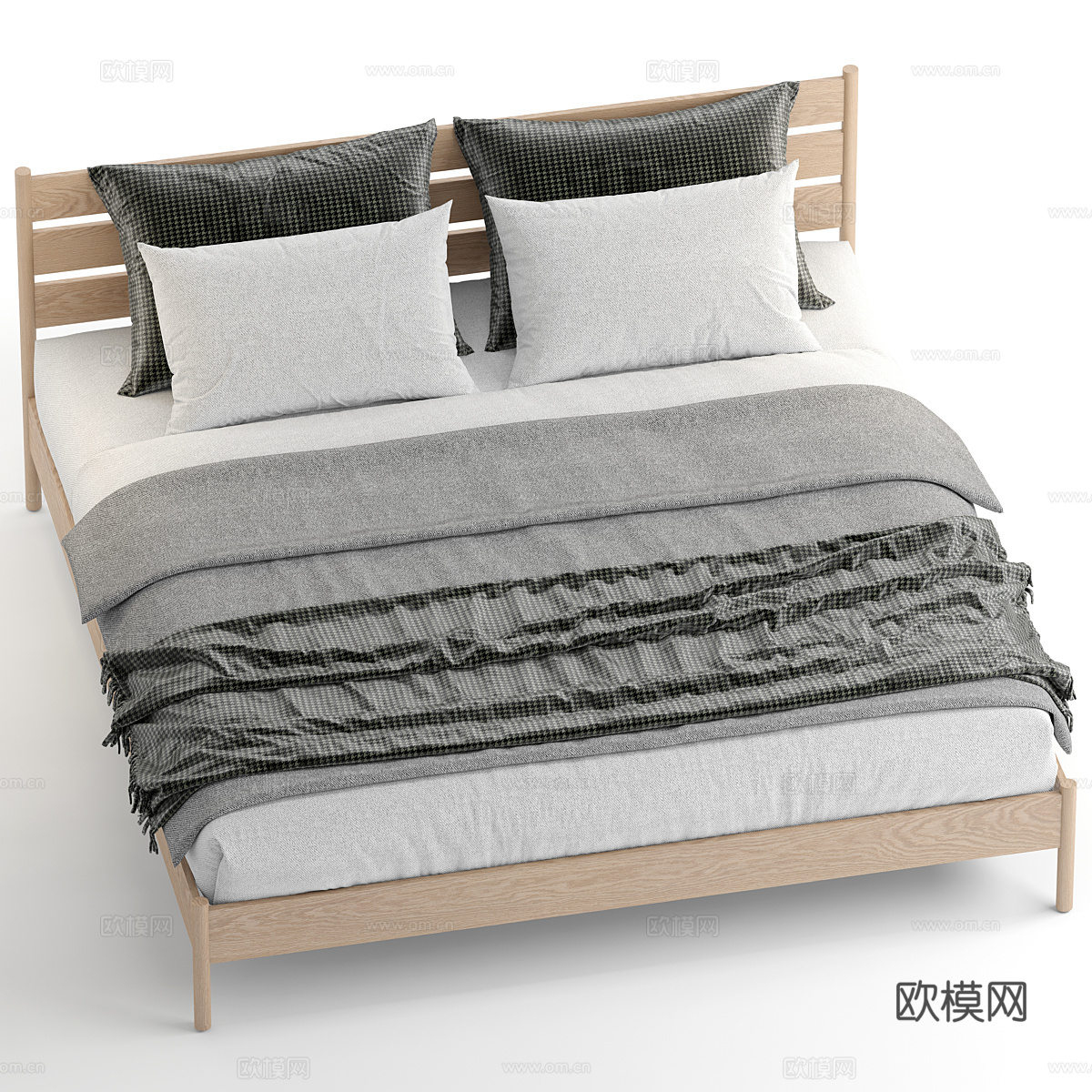 新中式木质布艺双人床3d模型