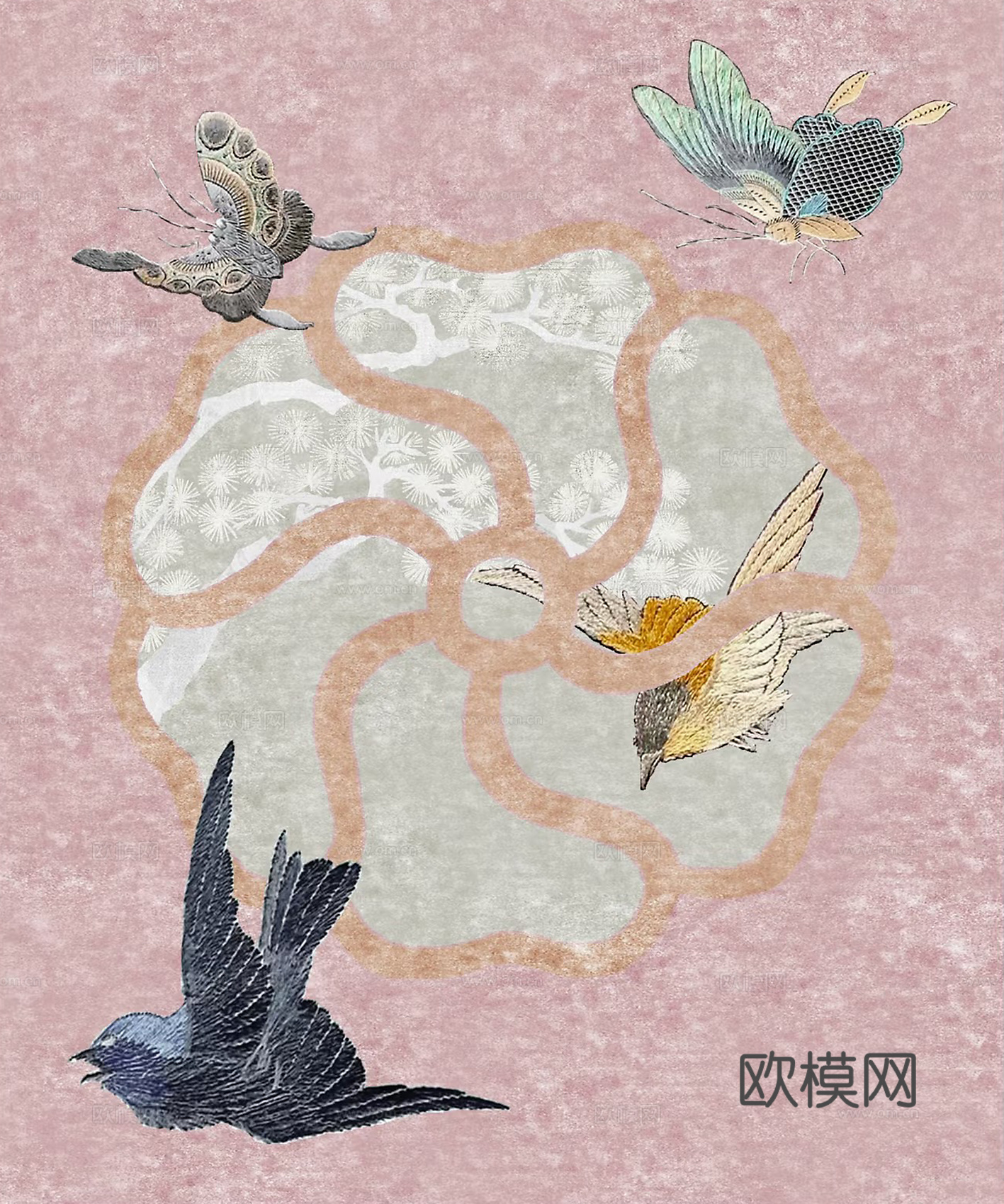 新中式法式粉色花鸟地毯