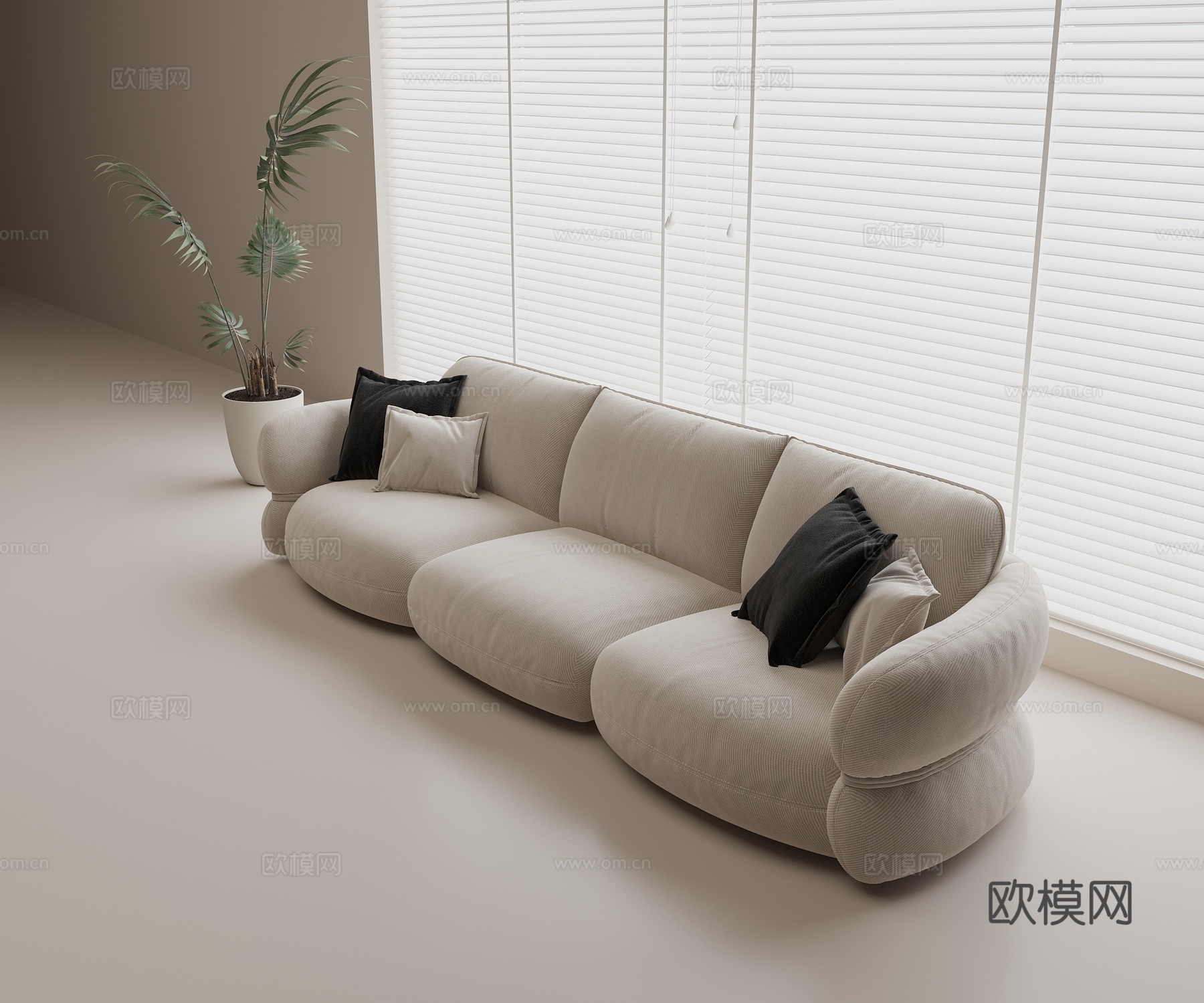 三人沙发组合 布艺沙发组合 奶油风沙发 抱枕 花盆绿植3d模型